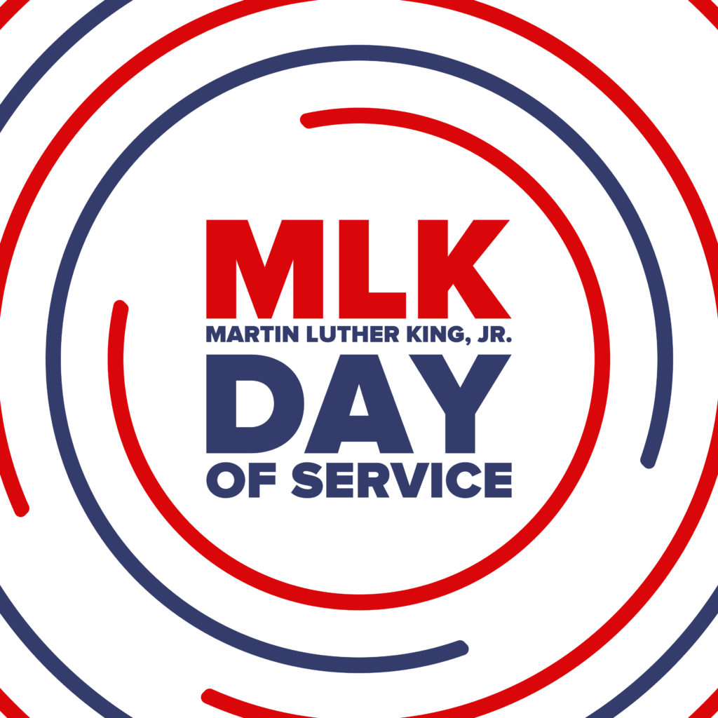 MLK day of service. Honor of Martin Luther King, Jr. Celebrated annual in United States in January, federal holiday. African American Rights Fighter. Patriotic american elements. Vector poster MLK Day of Service