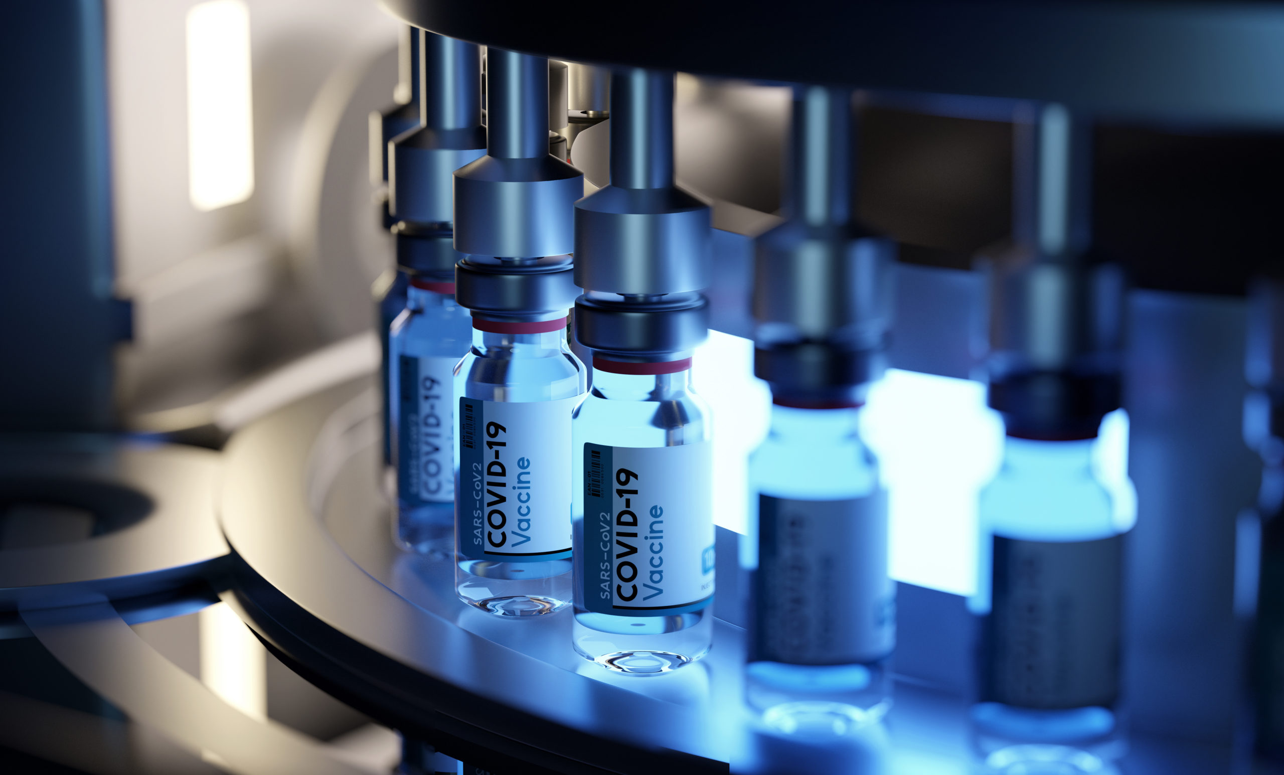 Development and manufacture process of a new vaccine. Final production of filled vials of Covid-19 vaccine. Bio science 3D illustration. Manufacturing of vaccines