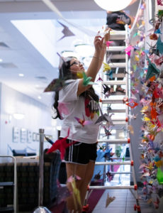 UAFS student hanging paper cranes on a wall